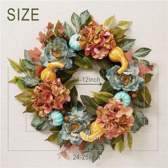 24" Pre-Lit Autumn Wreaths with Peony‎ Hydrangea and Pumpkin for Front Door - Picture 2 of 6